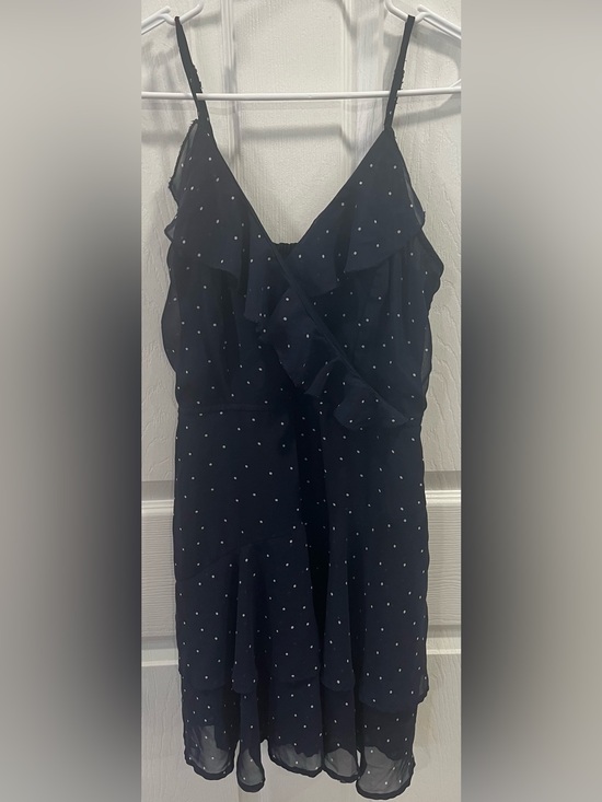 Japna Dresses & Skirts - Japna Navy Polka Dot Ruffle Wrap Dress Women's L Sheer Tiered Mini